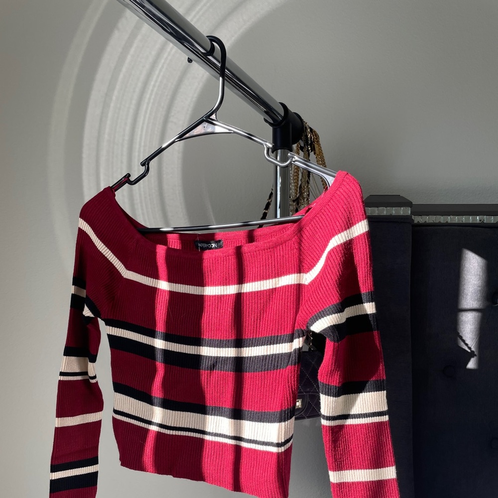 Striped long sleeve over the shoulder crop top